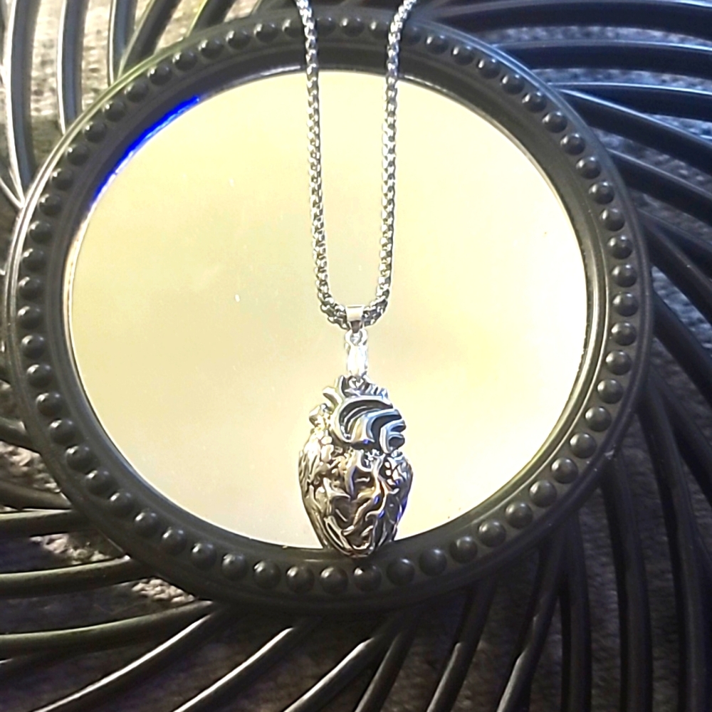 Stainless Steel Heart Necklace on 24 inch Steel Chain Beating Heart
